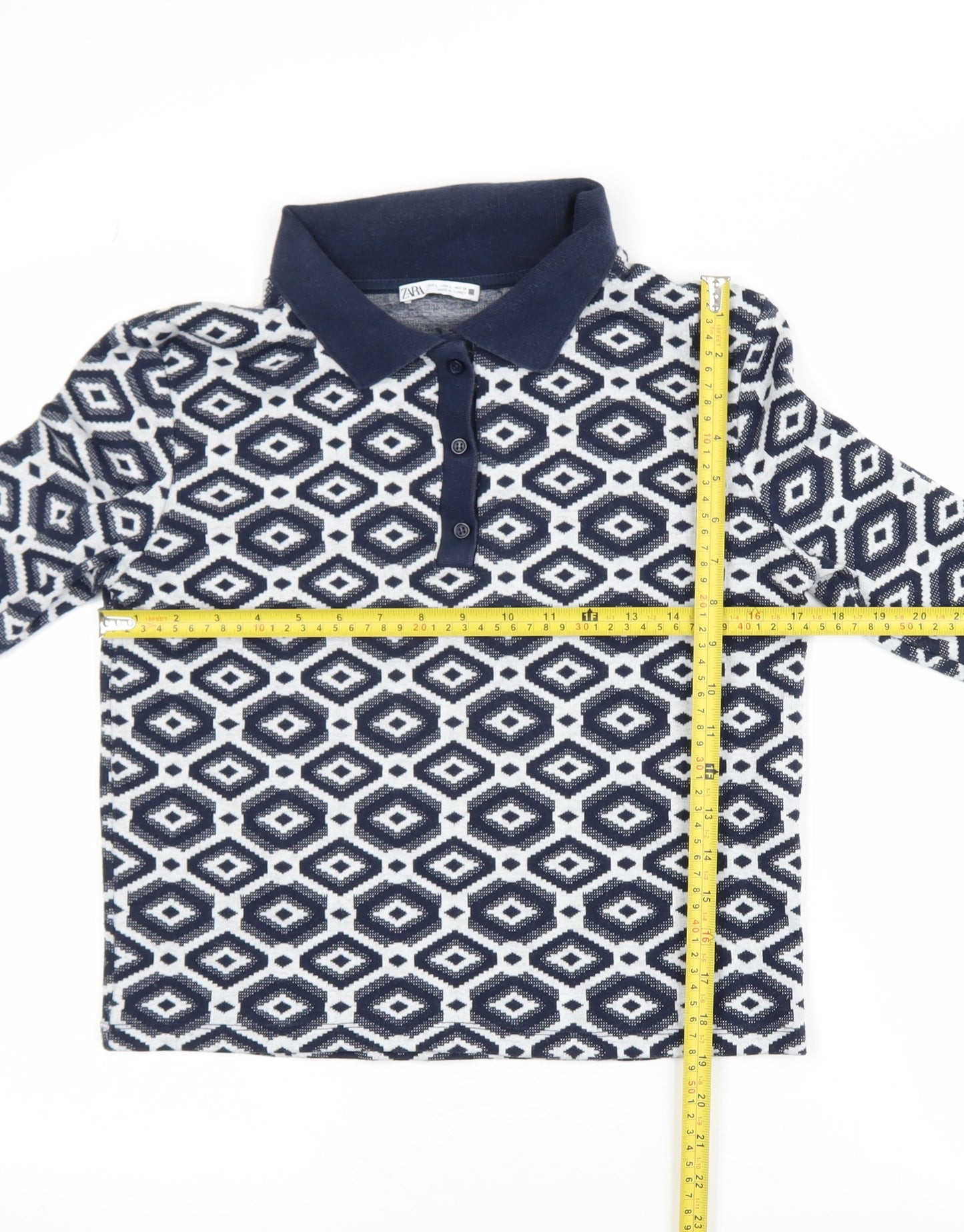 Zara Womens Blue Geometric Knit Polo Long Sleeve Top L