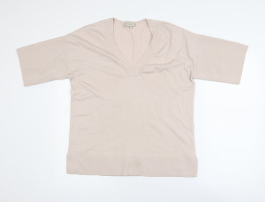 Hobbs Women Beige V-Neck Merino Wool Knit Short Sleeve Top S