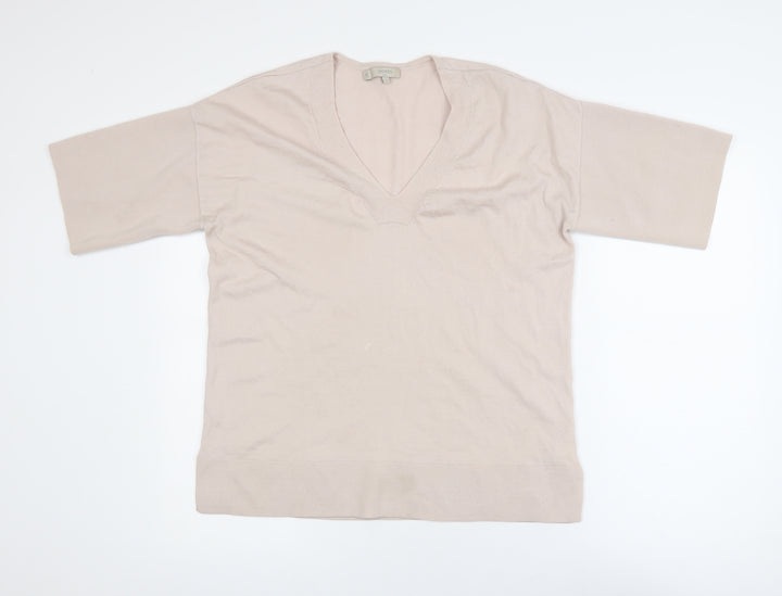 Hobbs Women Beige V-Neck Merino Wool Knit Short Sleeve Top S