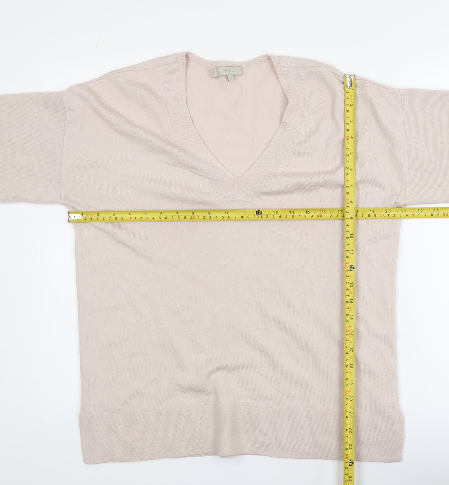 Hobbs Women Beige V-Neck Merino Wool Knit Short Sleeve Top S