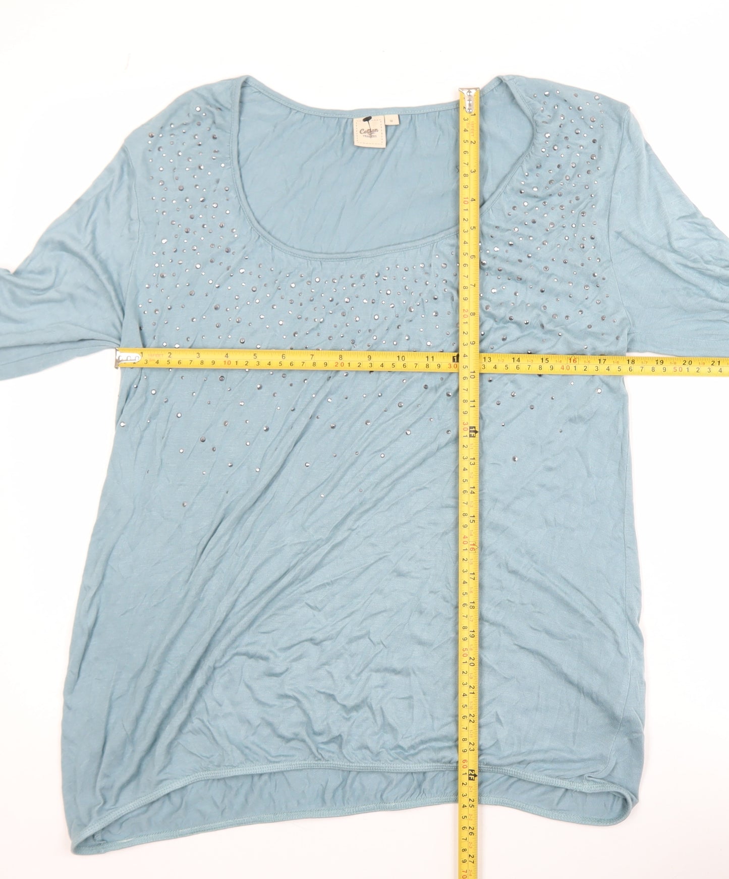 Cotton Traders Women Duck Egg Blue Long Sleeve Top Size 10 Beaded Viscose