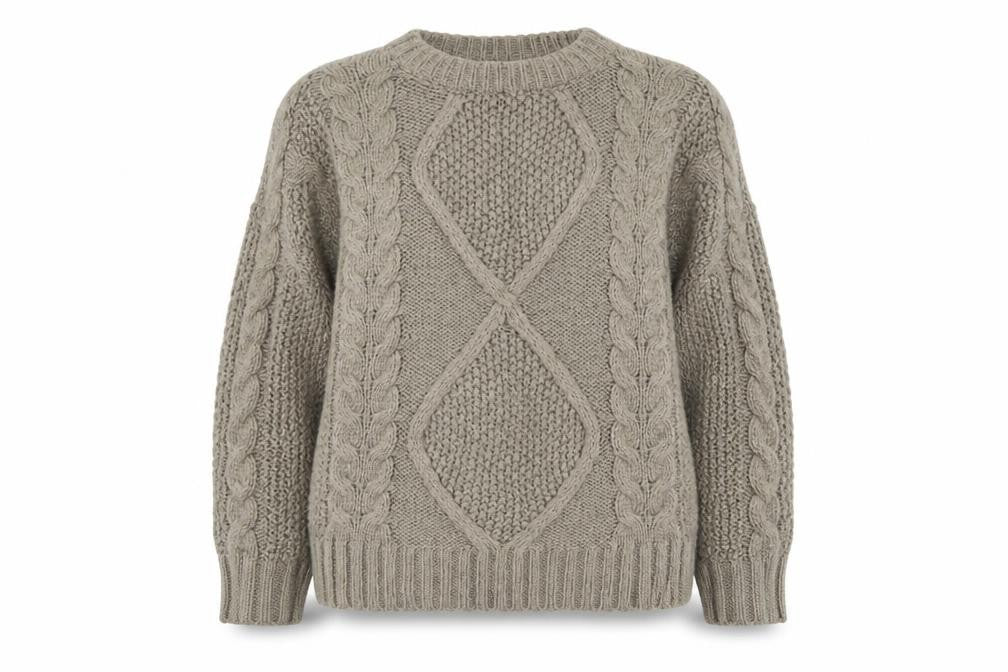 Front view of SNDYS women’s beige cable knit chunky jumper, size L