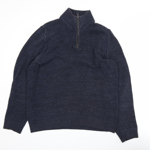 Marks and Spencer Men's Blue Cotton Blend 1/2 Zip Jumper M