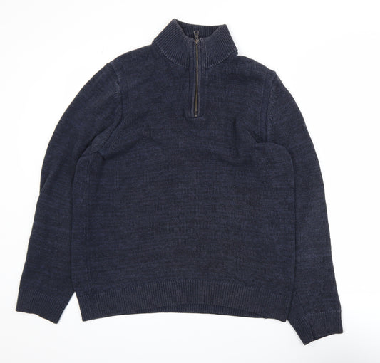 Marks and Spencer Men's Blue Cotton Blend 1/2 Zip Jumper M