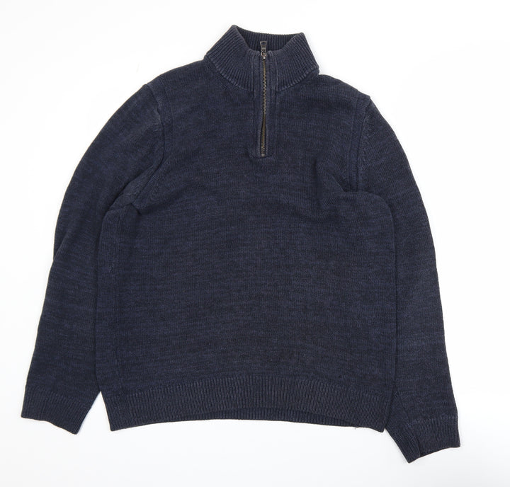 Marks and Spencer Men's Blue Cotton Blend 1/2 Zip Jumper M