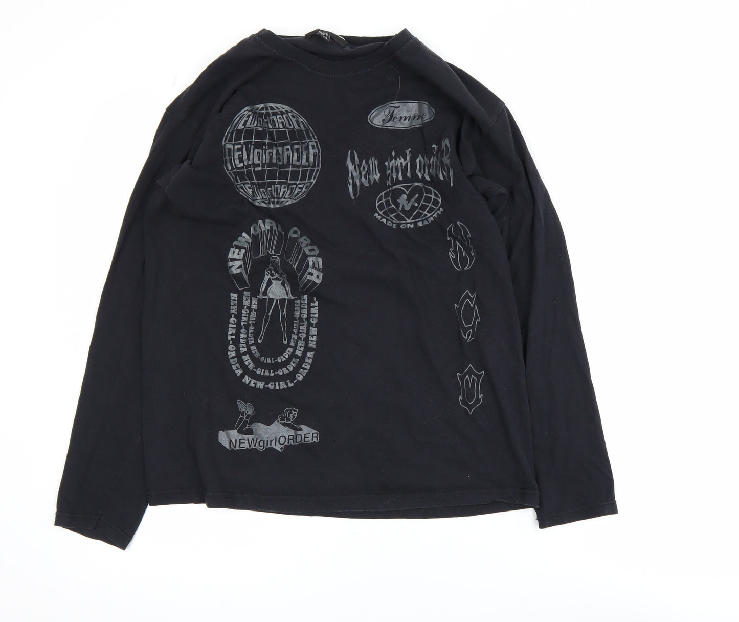 New Girl Order Women's Black Long Sleeve Graphic Cotton T-Shirt Size 8