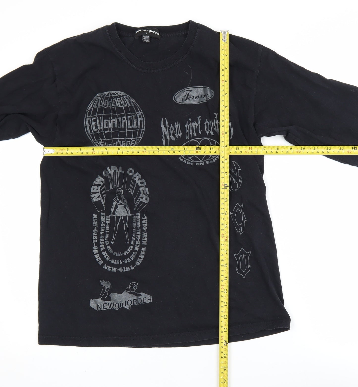 New Girl Order Women's Black Long Sleeve Graphic Cotton T-Shirt Size 8