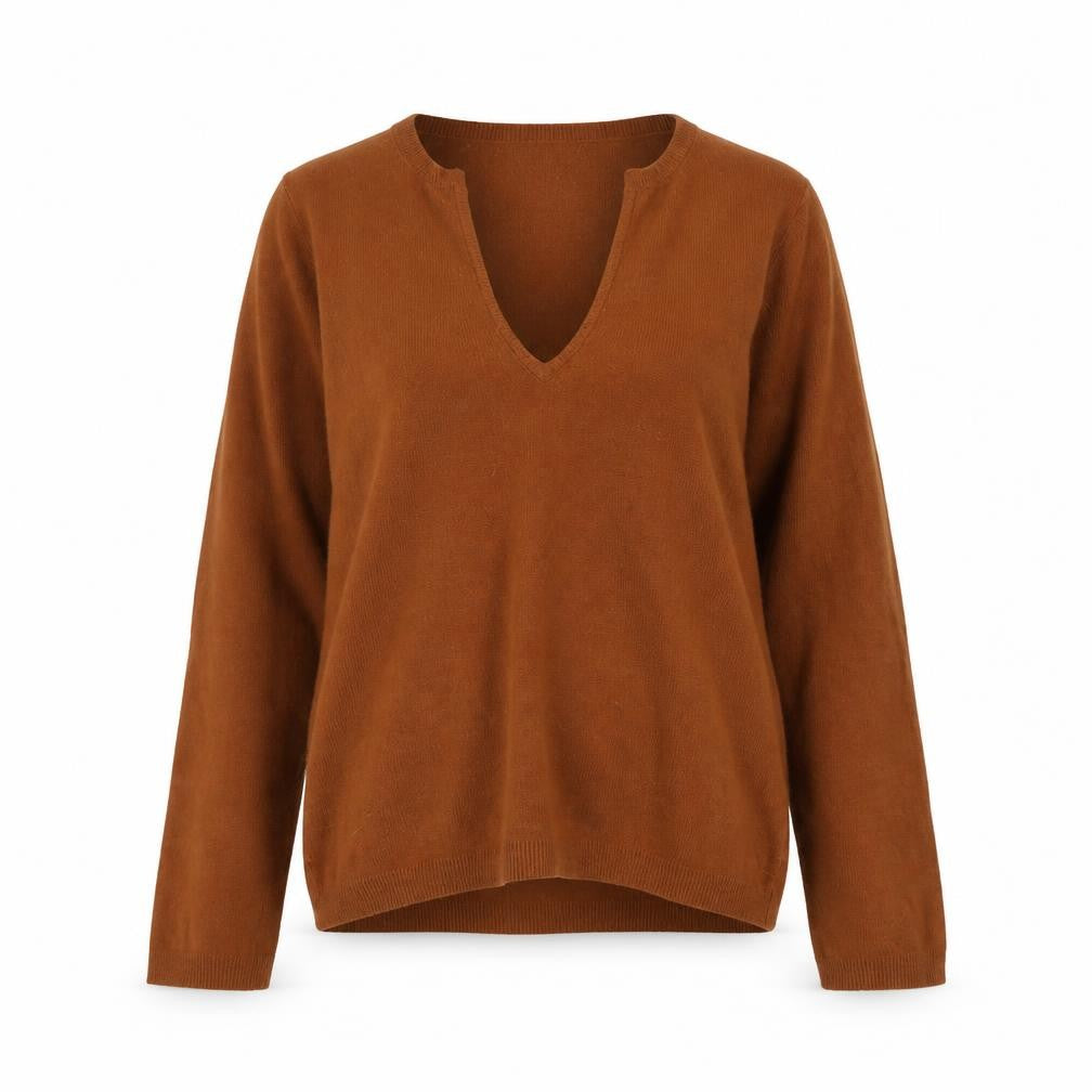 Front view of DKNY Jeans women’s brown v-neck long sleeve jumper m