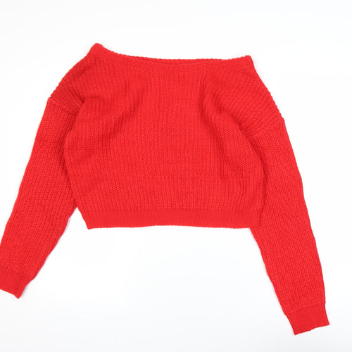 Missguided Women Red Acrylic Knit Boat Neck Pullover Jumper Size 6