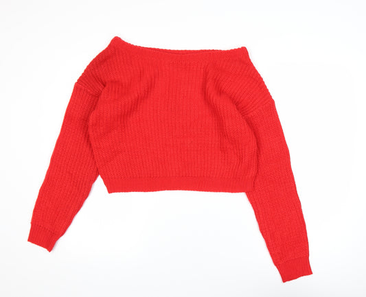 Missguided Women Red Acrylic Knit Boat Neck Pullover Jumper Size 6