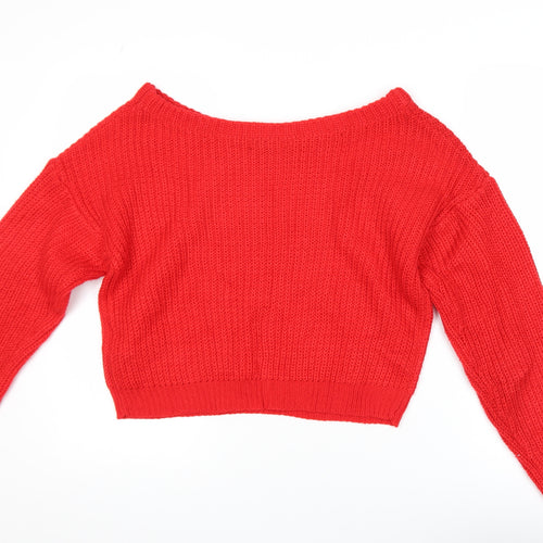 Missguided Women Red Acrylic Knit Boat Neck Pullover Jumper Size 6