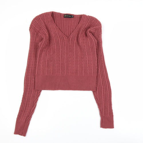 I Saw It First Womens Pink V-Neck Cable-Knit Jumper Size 8