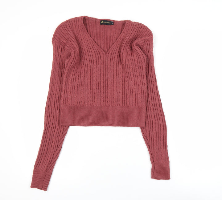 I Saw It First Womens Pink V-Neck Cable-Knit Jumper Size 8