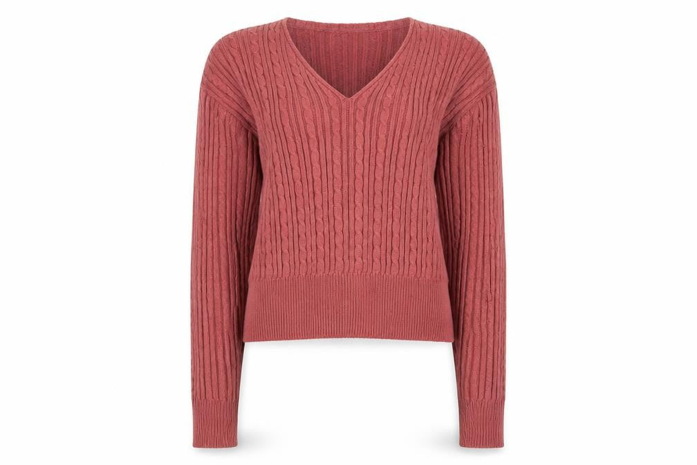 Front view of I Saw It First women’s pink v-neck cable-knit jumper, size UK 8