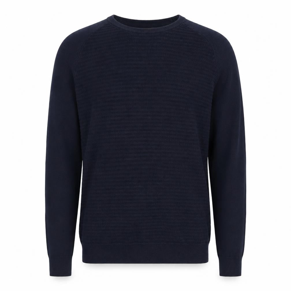 Front view of Criminal Men’s Blue Cotton Crew Neck Jumper, size M