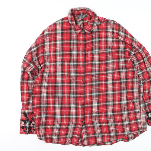 Topshop Women's Red Plaid Embroidered Cotton Flannel Shirt UK 8