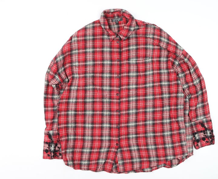 Topshop Women's Red Plaid Embroidered Cotton Flannel Shirt UK 8