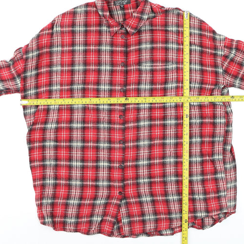 Topshop Women's Red Plaid Embroidered Cotton Flannel Shirt UK 8