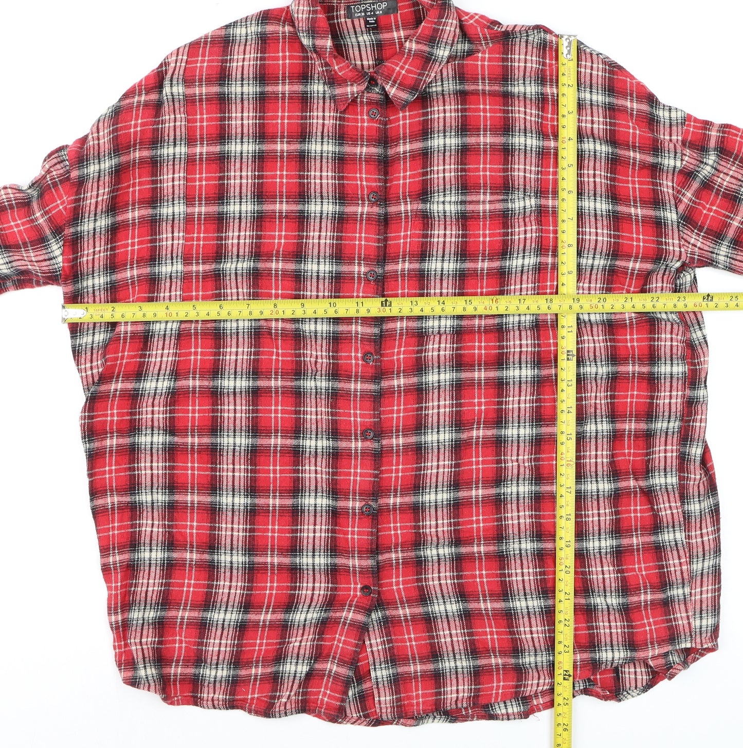 Topshop Women's Red Plaid Embroidered Cotton Flannel Shirt UK 8