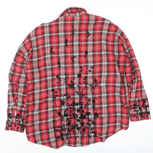 Topshop Women's Red Plaid Embroidered Cotton Flannel Shirt UK 8