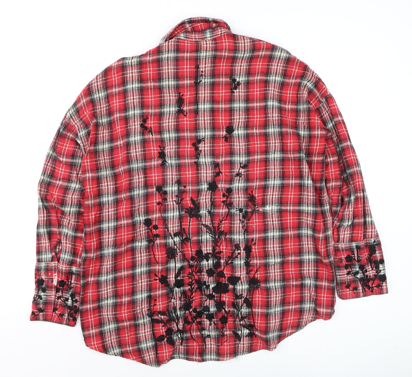 Topshop Women's Red Plaid Embroidered Cotton Flannel Shirt UK 8