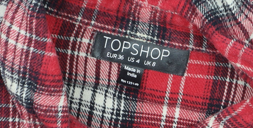 Topshop Women's Red Plaid Embroidered Cotton Flannel Shirt UK 8