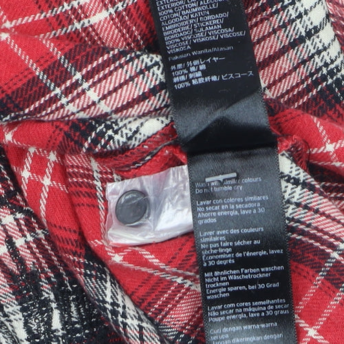 Topshop Women's Red Plaid Embroidered Cotton Flannel Shirt UK 8