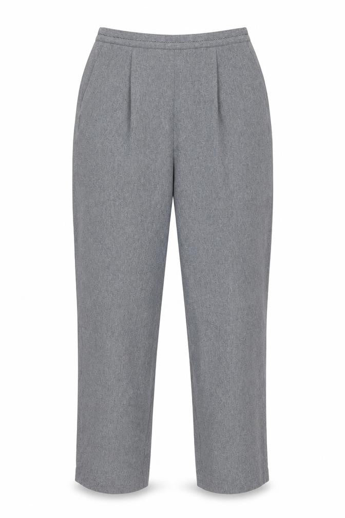 Front view of Bonmarché women’s grey, size UK 14, elastic waist straight trousers