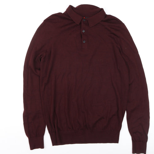 Dressmann Men's Brown Merino Wool Collared Henley Jumper M