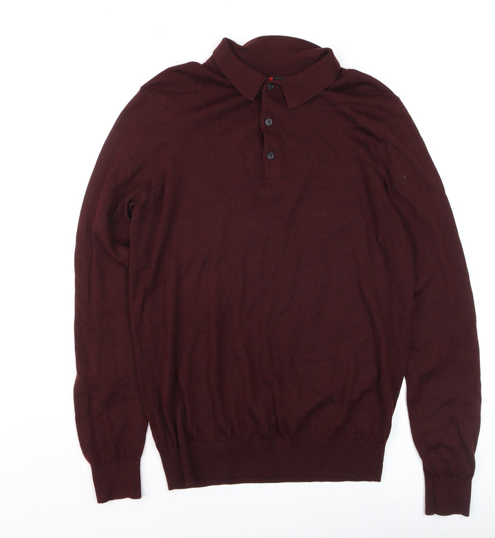 Dressmann Men's Brown Merino Wool Collared Henley Jumper M