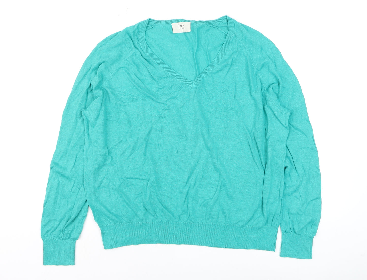Hush Women Green V-Neck Linen Cotton Pullover Jumper L