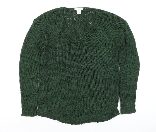 H&M Women's Green Chunky-Knit V-Neck Long Sleeve Pullover Jumper Size S