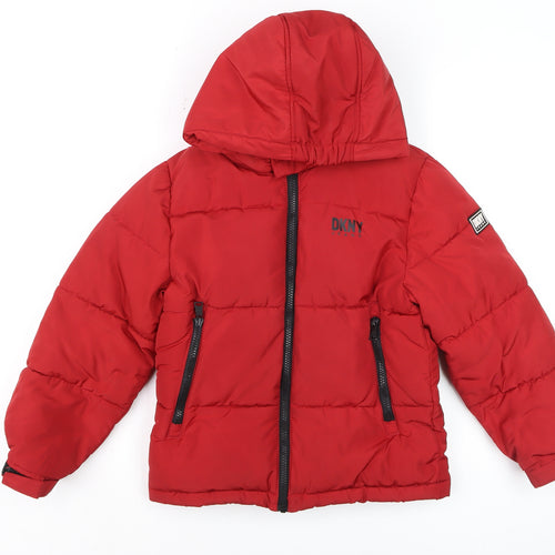 DKNY Boys Red Hooded Puffer Jacket 7 Years Winter Coat Lined Zip