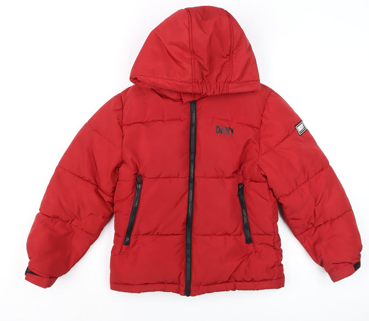DKNY Boys Red Hooded Puffer Jacket 7 Years Winter Coat Lined Zip
