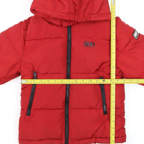 DKNY Boys Red Hooded Puffer Jacket 7 Years Winter Coat Lined Zip