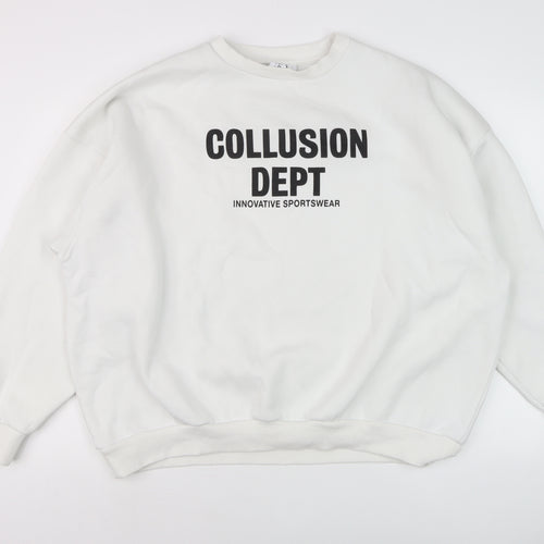 Collusion Men’s White L Pullover Sweatshirt Crew Neck Graphic Print