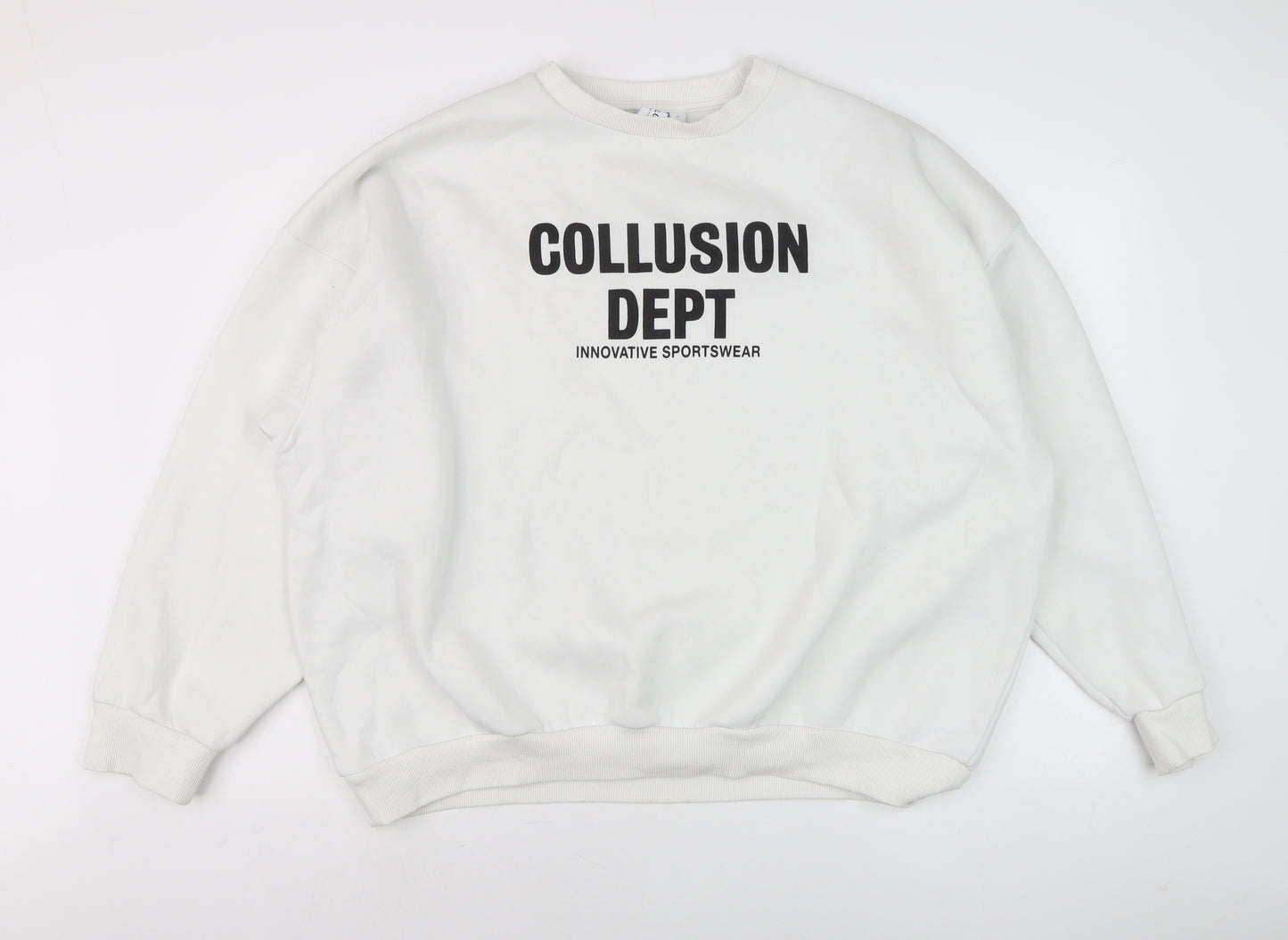 Collusion Men’s White L Pullover Sweatshirt Crew Neck Graphic Print