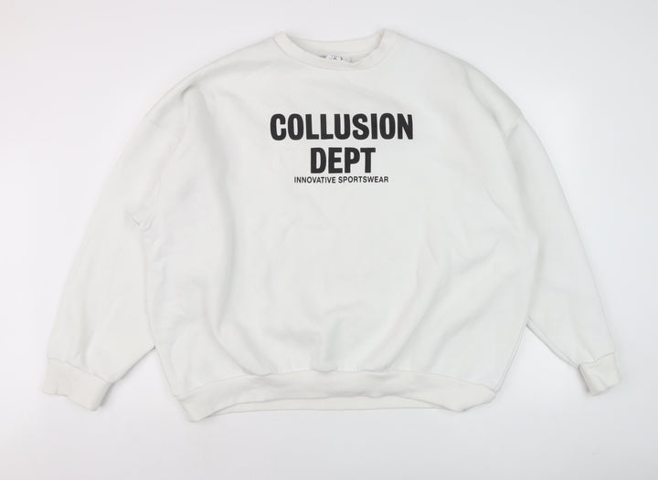 Collusion Men’s White L Pullover Sweatshirt Crew Neck Graphic Print