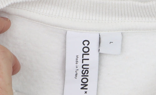 Collusion Men’s White L Pullover Sweatshirt Crew Neck Graphic Print