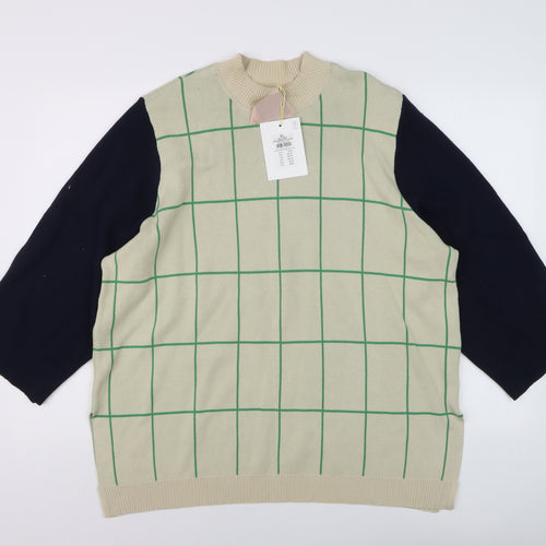 Nümph Men's Beige Check Knit Crew Neck Pullover Jumper XL