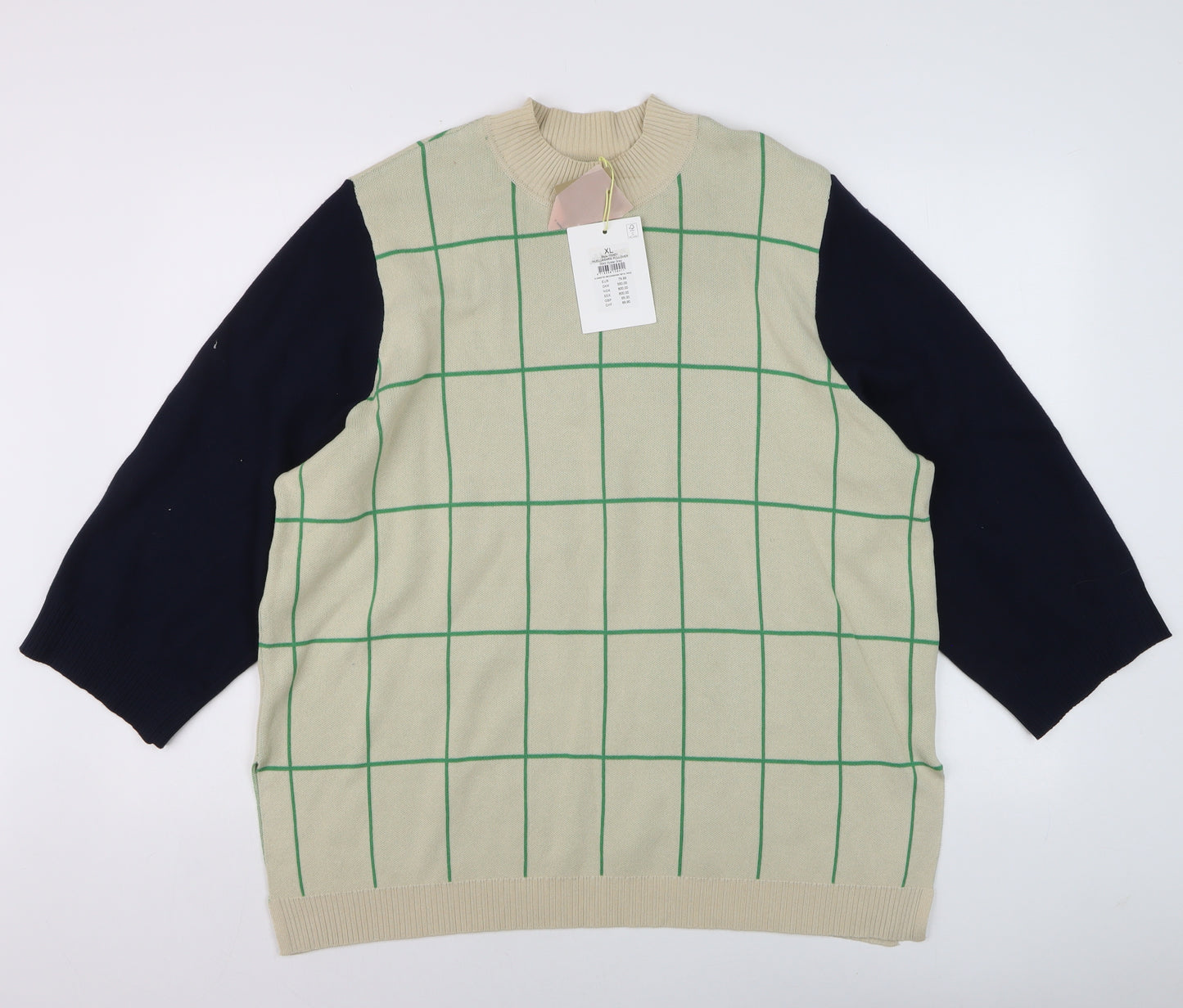 Nümph Men's Beige Check Knit Crew Neck Pullover Jumper XL
