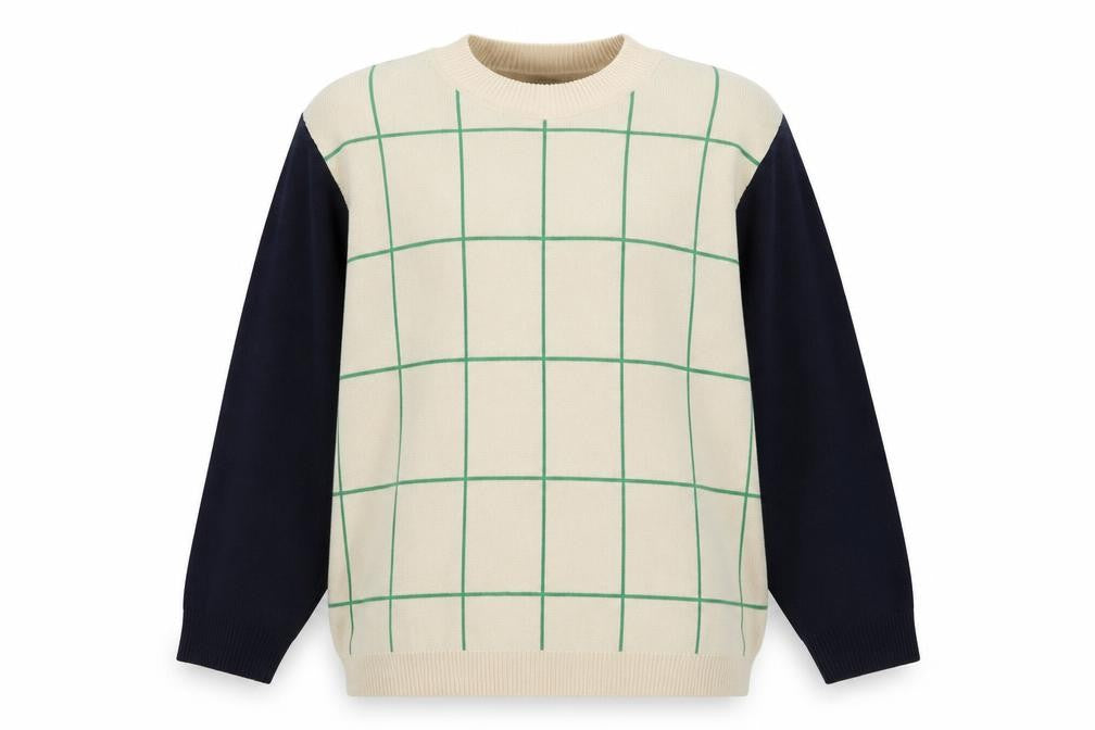 Front view of Nümph Men's Beige Check Knit Crew Neck jumper XL