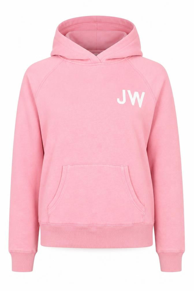 Front view of Jack Wills women’s pink hoodie, size UK 12, pullover graphic print sweatshirt