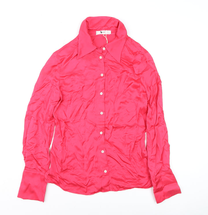 MNG Women's Pink Button-Up Satin Shirt Size 10 Classic Fit