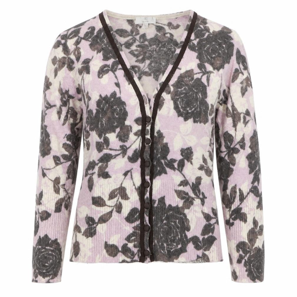 Front view of Country Casuals Petite Women's Pink Floral Cardigan Small Viscose Wool Blend