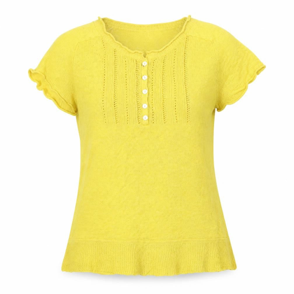 Front view of Fenn Wright Manson Women's Yellow Linen Cotton Short Sleeve Blouse, size 10