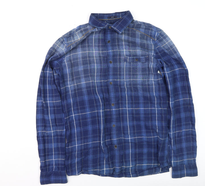 Mavi Men's Blue Plaid Slim Fit Cotton Long Sleeve Button-Up Shirt Size M