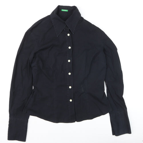 Benetton Womens Black Cotton Stretch Button-Up Shirt M
