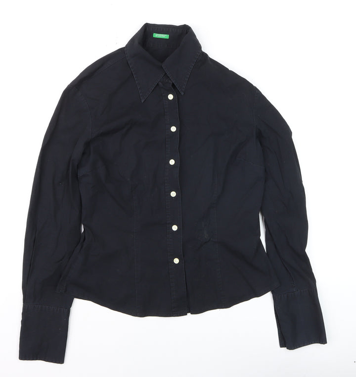 Benetton Womens Black Cotton Stretch Button-Up Shirt M