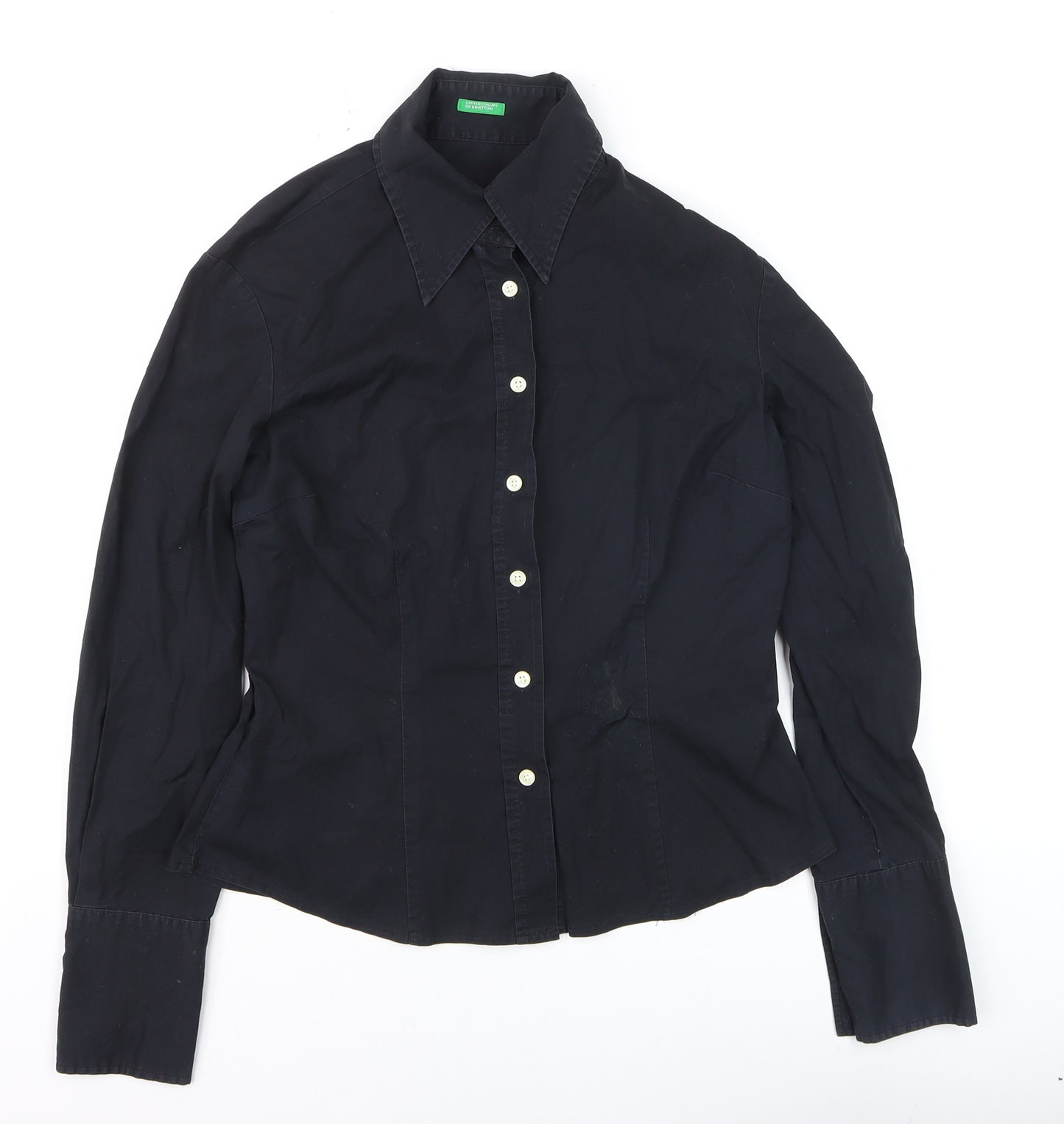 Benetton Womens Black Cotton Stretch Button-Up Shirt M